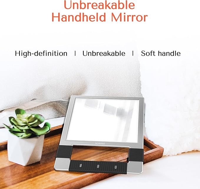 TASALON Unbreakable Hand Mirror, Silver, Rectangular, Tabletop Mount, ABS Frame, Handheld Mirror for Barber, Salon, Makeup, Shower