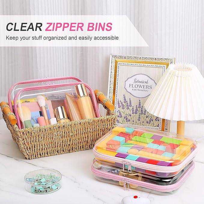 Hoolerry 4 Pcs Hard Clear Zipper Case Makeup Bags Plastic Pencil Pouch Transparent Storage Box Containers for Cosmetics, Snacks, Building Blocks, Puzzles(Pink,9.8 x 7.9 x 2 in)