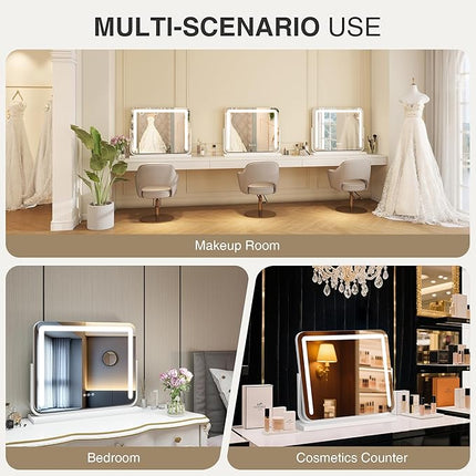Vanity Mirror with Lights 21"×15.7" LED Makeup Mirror,Dimmable Smart Touch Control Mirror with Lights for Bedroom Tabletop, 360° Rotation,Vanity Mirror Square White,Ideal Gifts for Her