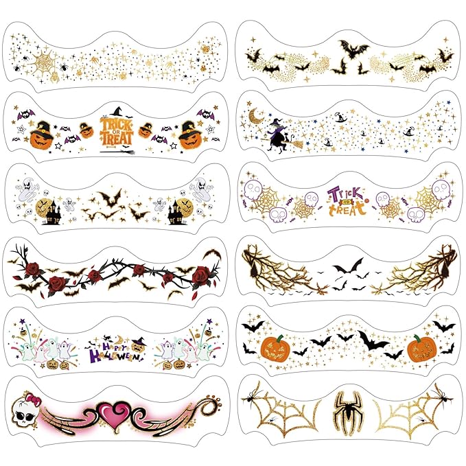 12 Sheets Halloween Face Temporary Tattoo, Ghost Skull Witch Bat Spider Pumpkin Rose Waterproof Fake Tattoos Face Makeup Freckles Patches For Women Girls Halloween Festival Party Supply