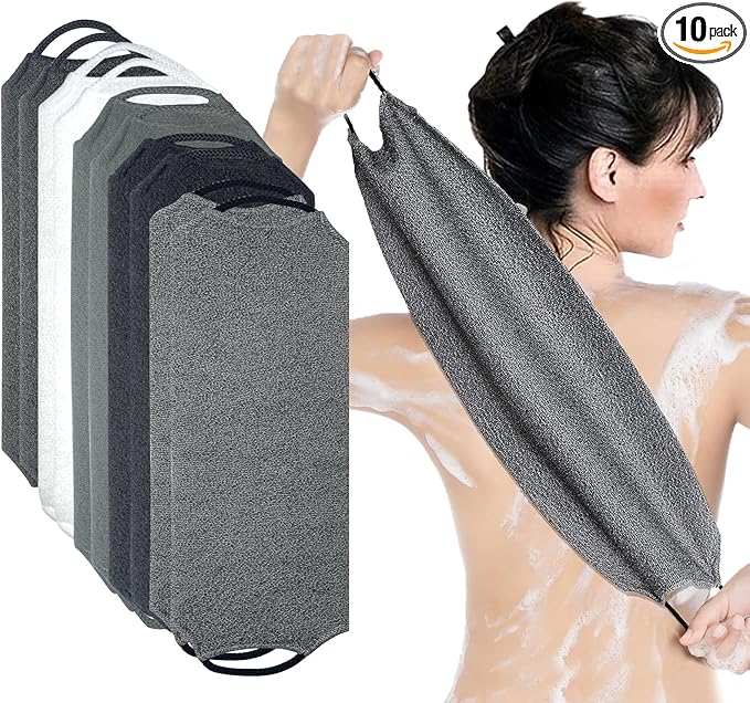10 Pack Exfoliating Washcloth Back Scrubber for Shower, Back Washer Scrub Exfoliator with Handles for Men Women, Stretchable Body Loofah Washcloth Bath Towels, Shower Accessories (5 Colors)