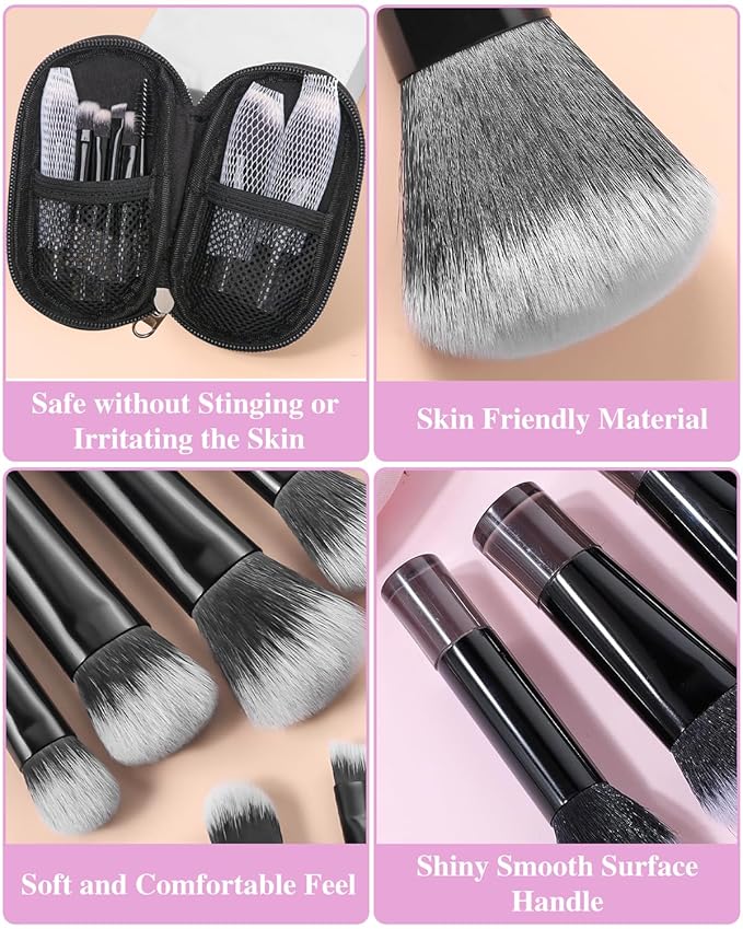 Mini Travel Makeup Brushes Portable Set, 14 Pieces, Full Complete Function Cosmetic Kit with Brush Pouch, On the Go Short Makeup Brush Small Travel Essentials for Women, Girls (Black)