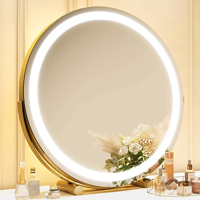 Gold Vanity Mirror, 18 Inch Lighted Makeup Mirror with Smart Touch 3 Colors Dimmable, Tabletop, 360 Rotation