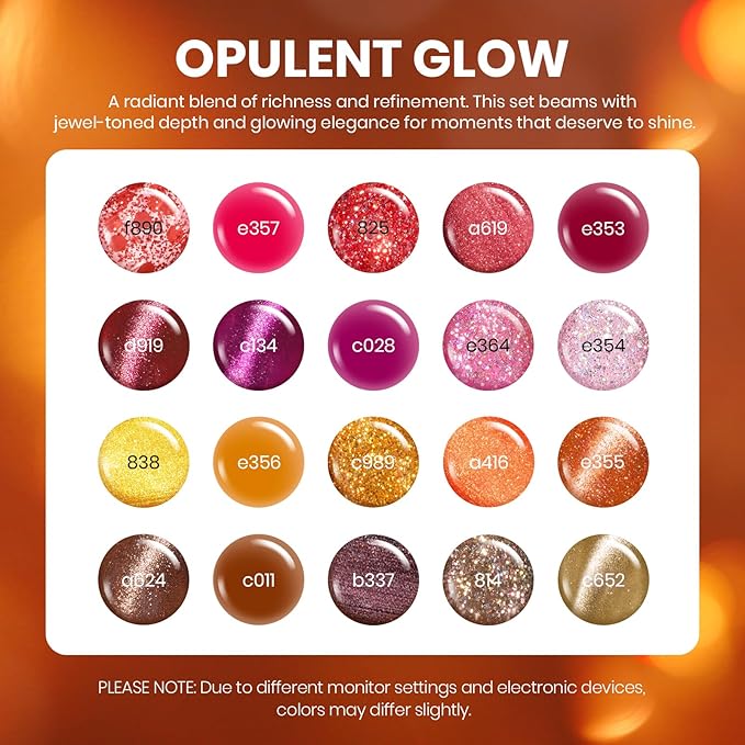 Beetles Fall Gel Nail Polish Set – Opulent Glow Cat Eye Gel Polish, 20 Colors Red Orange Yellow Glitter Brown, Soak Off UV LED with Base Glossy Matte Top Coat for DIY Manicure Gift for Women