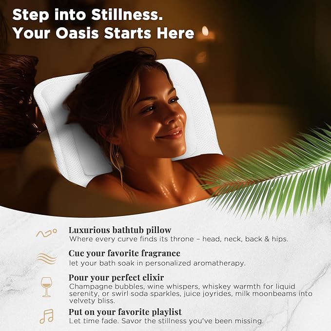 Full Body Bath Pillow for Tub, Extra Thick 4D Air Mesh & Quick-Dry Spa Pillow for Head Neck and Beck Support, Non-Slip Suction Cups Fits All Tubs - Luxury Bath Accessories for Relaxation (White)