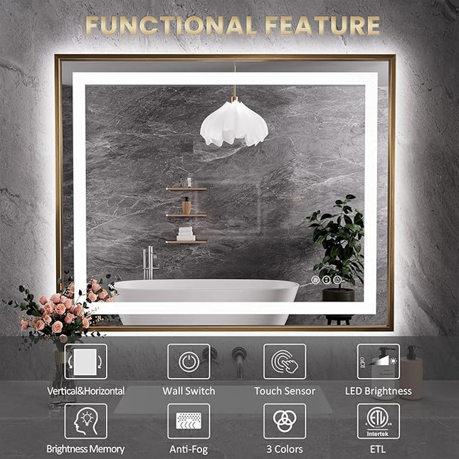 Amorho LED Bathroom Mirror, 36"X36" Gold Metal Framed Mirror with Front Light and Backlit, Stepless Dimmable, Anti-Fog, Shatter-Proof, Memory, 3 Colors