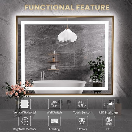 Amorho 40"X36" LED Bathroom Mirror, Gold Metal Framed Mirror with Front Light and Backlit, Stepless Dimmable, Anti-Fog, Shatter-Proof, Memory, 3 Colors