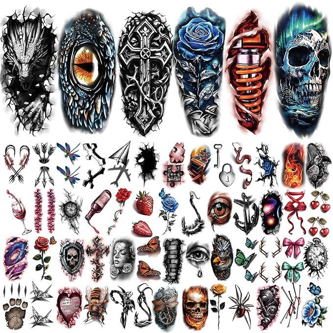 77 Sheets 3D Realistic Temporary Tattoos Adults Kids, Spider Skull Tiger Lion Dragon Snake Temporary Tattoos for Women Men, Half Arm 3D Halloween Temp Tattoos Body Shoulder Tatoos Waterproof