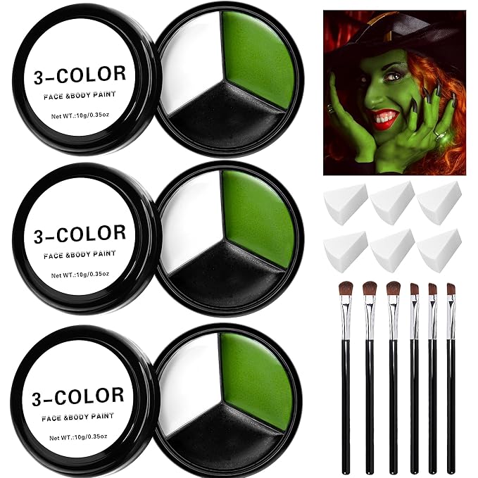 EBaokuup 3 Set Black White Green Face body Paint,3 Colors Witch Makeup Kit with Sponge and Brush,Halloween Formula Face Paint for Party Special Effect Makeup Cosplay Costume