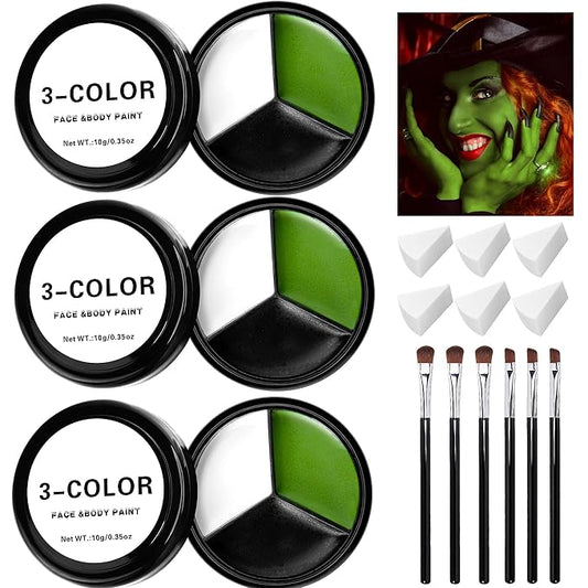 EBaokuup 3 Set Black White Green Face body Paint,3 Colors Witch Makeup Kit with Sponge and Brush,Halloween Formula Face Paint for Party Special Effect Makeup Cosplay Costume