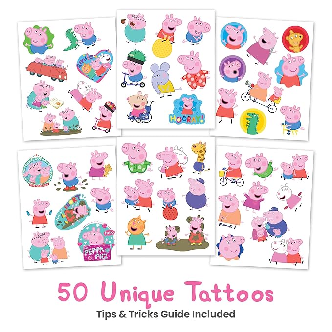 Savvi - 50 Peppa Pig Temporary Tattoos: Skin-Safe Ink, Great for Birthday Parties, Gifts for Boys and Girls Ages 4-12+, Made in the USA [6 sheets, 50 count]
