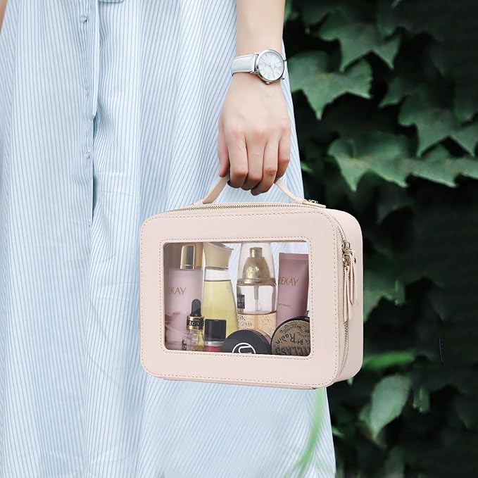 Pinkmik Clear Makeup Bag for Women Waterproof Travel Cosmetics and Toiletries Case Portable Makeup Oaganizer Bag Clear Car Bag with Zipper (Beige, L)
