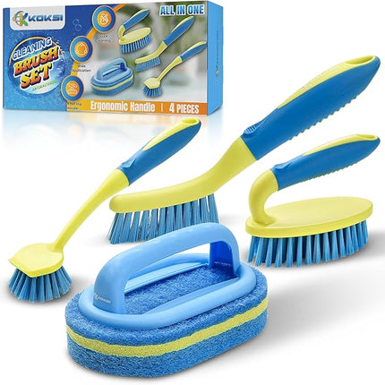 Scrub Brush Set for Bathroom Kitchen Bathtub Toilet Deep Cleaning Brush Tools All Purpose Cleaner Sponge Scrubbing Brushes with Ergonomic Handle, 4-Piece