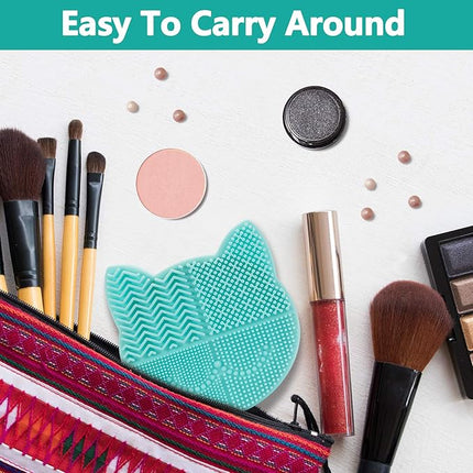 TailaiMei 2 in 1 Makeup Brush Cleaning Mat With Drying Holder, Silicon Cat Shaped Cleaner Pad, Cosmetic Organizer Rack, Portable Washing Tool for Makeup (Green)