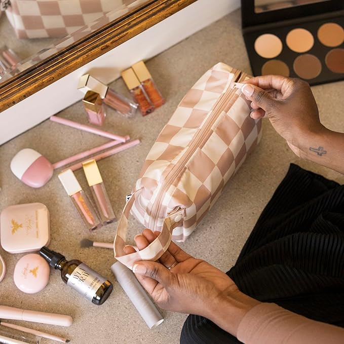 Tiny Twinkle Travel Waterproof Makeup Bag | Travel-Friendly Cosmetic Organizer with Convenient Carry Handle | Spacious Interior, and Secure Zipper Closure (Beige Checkers)