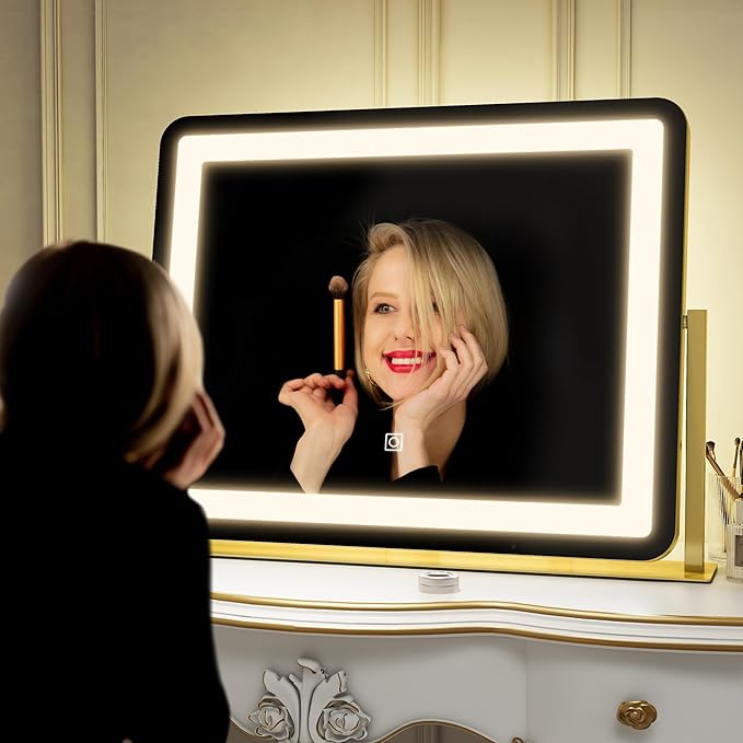Gold Vanity Mirror with Lights - Smart Touch Dimming, 3-Color Lighting, 360° Rotatable Desktop Makeup Mirror for Desk, 22"x17"