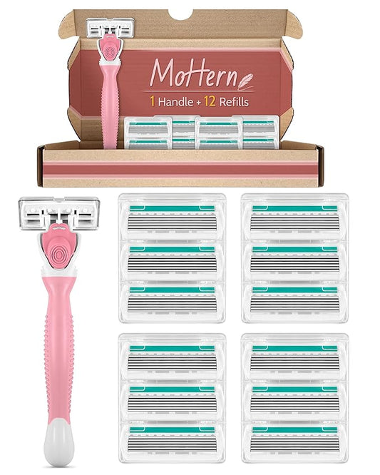 Razors for Women Sensitive Skin, 6 Blades Women’s razors for Shaving Including 1 Travel Razors for Women with 12 Blade Refills， Pink