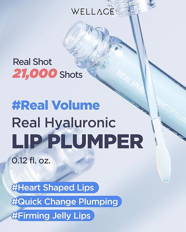 WELLAGE Real Hyaluronic Lip Plumper - High Shine Clear Plumping Lip Gloss with Pure Hyaluronic Acid - Instant Volume & Moisture for Fuller, Hydrated Lips - Visibly Smooth Lip Wrinkles, 0.12 fl.oz.