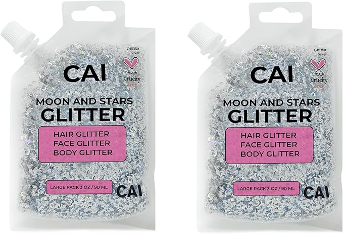 Face, Body & Hair Glitter Gel – Halloween Glitter for Kids and Women – 3 Oz Cosmetic-Grade Gel w/Moon & Stars for Festivals & Halloween Party, Easy Apply & Wash Off - Silver 2Pack