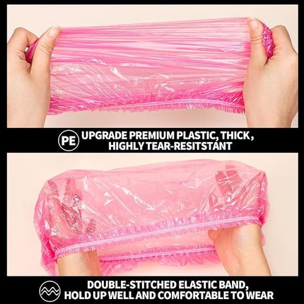 LEOBRO Disposable Shower Caps, 100PCS Large Shower Cap, Plastic Shower Caps for Women Disposable, Thick Plastic Caps for Hair Treatment, Large Size 19.3 INCH, Pink