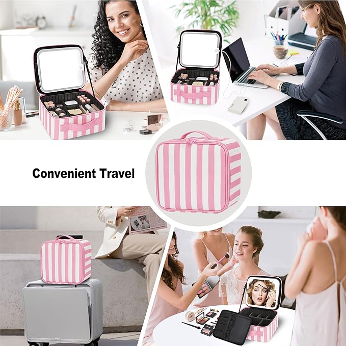 Makeup Bag With LED Mirror, Travel Makeup Case with Light up Mirror Large Cosmetic Case with 3 Color Lighted Portable Organizer Bag with Adjustable Dividers (Pink/White Stripes, Small)