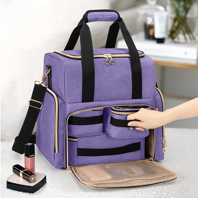 LUXJA Large Travel Makeup Bag with 3 Removable Cases, Cosmetic Bag with Detachable Dividers (Patent Pending), Purple