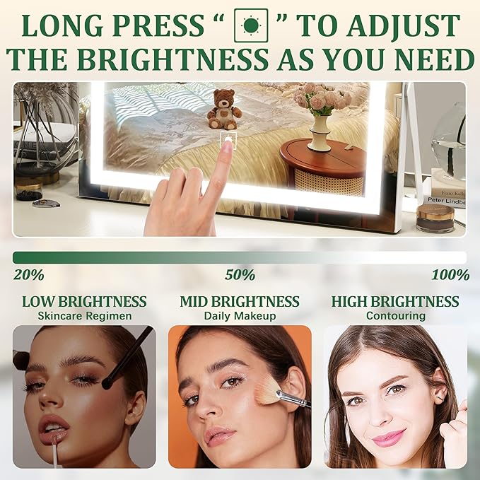 Vanity Mirror with Lights, 14" x 11" LED Makeup Mirror, 3 Modes Light, Smart Touch Control Dimmable, 10X Magnification, 360°Rotation, Square Corner Rectangle, White