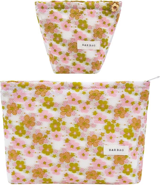 2 Pcs Makeup Bags, Large Cosmetic Bag Travel Toiletry Bag Organizer for Women, Embroidery Craft, Floral Makeup Bag Small Cosmetic Pouch Purse with Zipper Gifts for Girls Teen