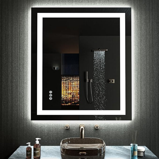 LOAAO 32”X36“ RGB LED Bathroom Mirror with Lights, Large, Anti-Fog, Dimmable Smart Lighted Bathroom Vanity Mirror, Multiple Light Modes, RGB Backlit + Front Light, Memory Function, Tempered Glass