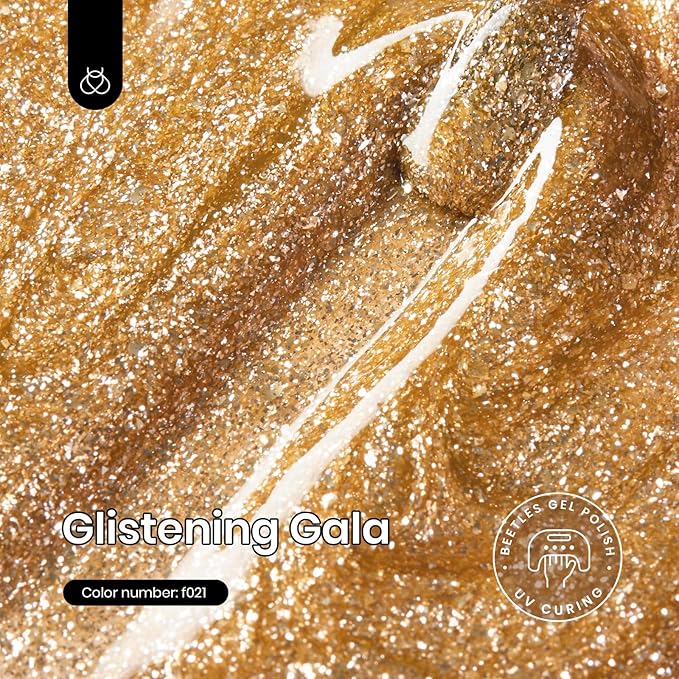 Beetles Gold Glitter Gel Polish, 1pc 9ml Gold Shimmer Sparkly Nail Polish Long-Lasting Soak Off U V LED Shiny Champagne Gel Nails Salon-quality Gift for Women Girls