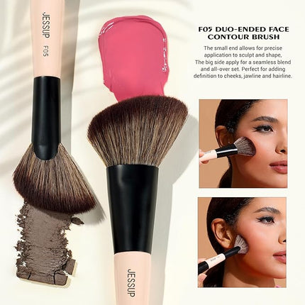 Jessup Face Makeup Brushes 3pcs Double Ended Makeup Brush Set for Foundation Contour Blush Highlight and Powder, Premium Synthetic Make up Brushes Peach Dust T508