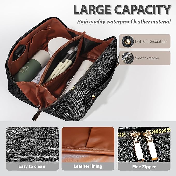 Makeup Bag for Women Travel Cosmetic Bag Toiletry Oraganizer Case Bag Travel Essentials Portable Pouch with Waterproof Large Capacity PU Leather Lining
