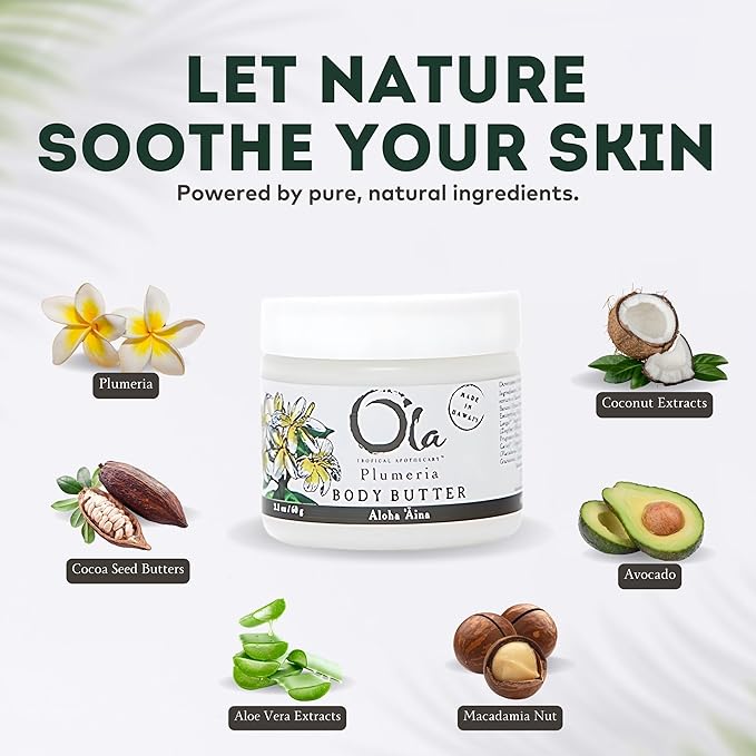 OLA Plumeria Body Butter – Moisturizing with Pure Coconut Oil and Hawaiian Plant Extracts - Ideal for Dry Skin - 2.1oz