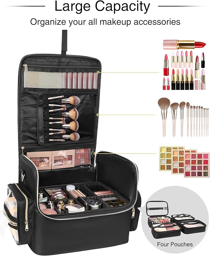 Extra Large Makeup Bag Makeup Artist Bag Professional Cosmetic Bag Travel Organizer Train Case with 4 Small Packet and Adjustable Dividers(Black, Extra Large)