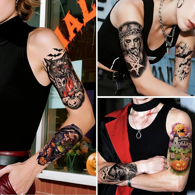77 PCS Halloween Temporary Tattoos Adult Kids, 17 PCS Half Arm Pumpkin Bat Crow Witch Skull Fake Tattoos, 60 PCS Spider Cat Ghost Scar Tiny Realistic Face Body Tattoos Stickers for Halloween Costume