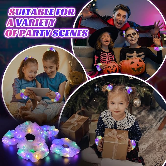 4 Pcs Halloween Light Up Hair Accessories for Girls Women, Sparkly Sequins Hair Scrunchies, LED Hair Tie for Movie Night Supplies, Glow in The Dark Scrunchies for Rave Neon Slumber Party