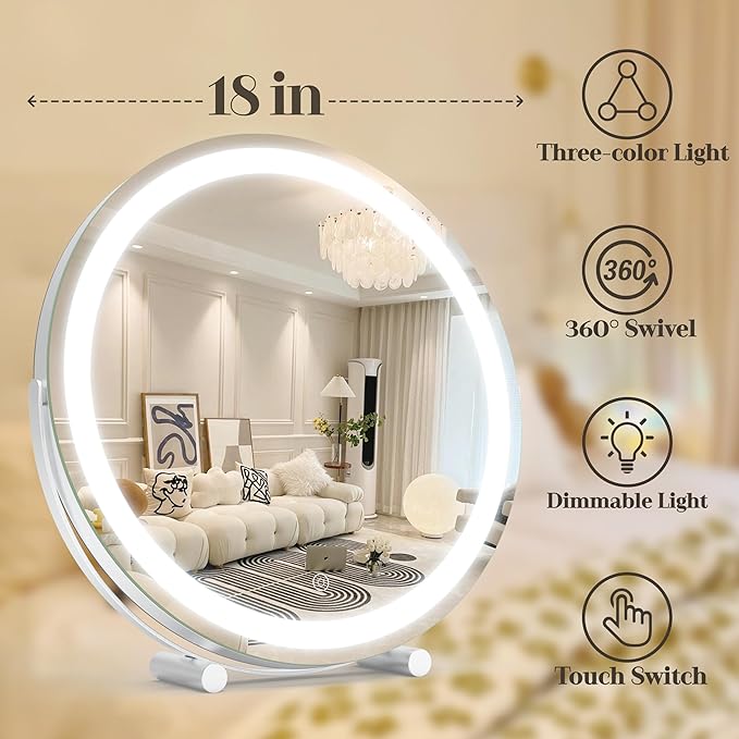 Vanity Mirror with Lights, 18 Inch Lighted Makeup Vanity, Smart Touch Control, 3-Color Dimmable Round Design, 360° Rotating Tabletop Mirror (White)
