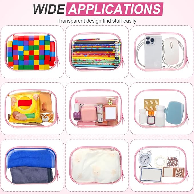 Sanwuta 6 Pcs Clear Hard Zipper Case Pencil Pouches Hard Plastic Zipper Pouches Makeup Bag Transparent Cases for Snacks Plastic Storage Organizer Box for Travel(Pink,7.87 x 5.9 x 2 Inch)