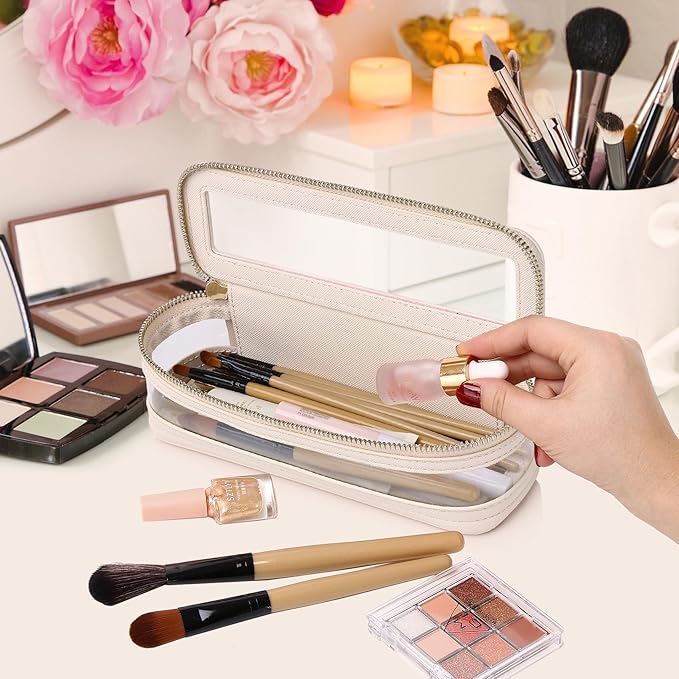 Pinkmik Makeup Brush Case Clear Travel Cosmetic & Toiletry Bag Slim Makeup Bag with Zipper Small Purse Organizer Car Essential Bag for Women (Beige, SLIM-1)