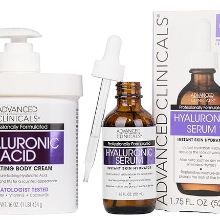 Advanced Clinicals Hyaluronic Acid Moisturizer Body Cream + Hyaluronic Acid Serum 2PC Skin Care Set | Face Serum & Body Lotion Help Diminish Appearance Of Wrinkles, Fine Lines, & Dry Skin, 2PC Bundle