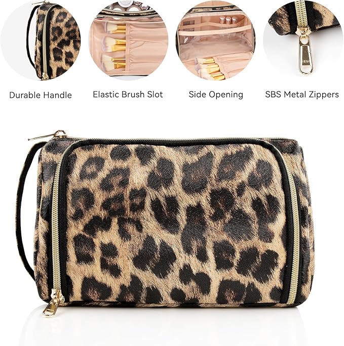 Travel Makeup Bag, Leopard Print Cosmetic Bag, Portable Make Up Organizer Bag with Side Handle, Roomy Makeup Pouch for Purse