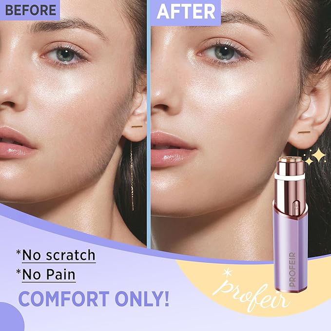 Facial Hair Removal for Women: Electric Razor for Smooth Skin Painless Trimmer Rechargeable Shaver for Upper Lip Peach Fuzz Chin Pocs Hair at Home Travel with 2 Replacement Heads(Purple)