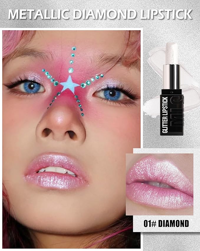 Diamond Glitter Matte Lipstick,Long Lasting Waterproof Metallic Sparkling High Pigment Non-Stick Cup Lip Stain Tint Lip Gloss, Full-Coverage Lipgloss,Halloween Lip Makeup Gift for Women Girl-01