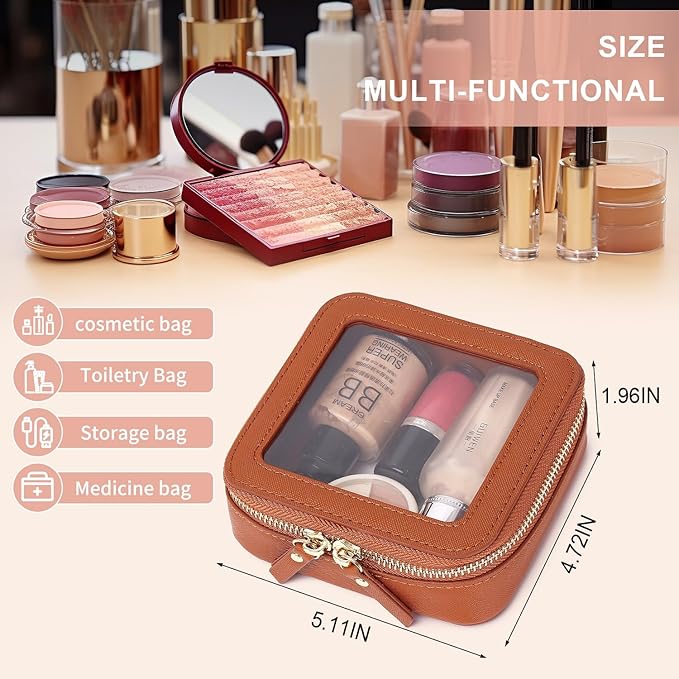 Pinkmik Small Makeup Bag Clear Mini Cosmetic Makeup Case & Toiletry Bag with Zipper Women's Purse Organizer & Car Essentials (X/Brown, MINI-1)