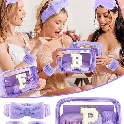 Gift Sets for Women, Initial Makeup Bag with Makeup Brush Set Bachelorette Party Favors, Purple Spa Kit with Skincare Headbands Wrist Bands Sleepover Party Supplies Gifts for Teen Girls Bridesmaid P