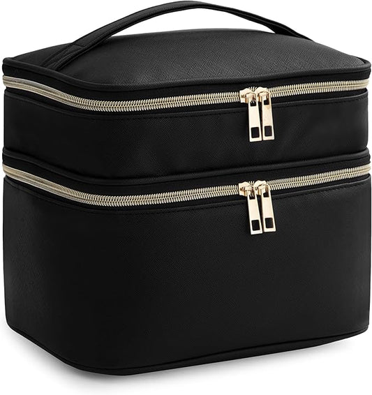 Makeup Bag for Women, X-Large Travel Makeup Bag Organizer, Portable Toiletry Bag, Cute Makeup Bags, Waterproof Leather Cosmetic Bag, Makeup Case with Removable Dividers, Black