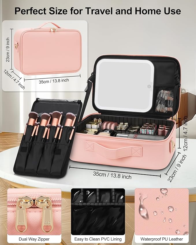 Relavel Makeup Train Case With LED Mirror, Professional Travel Cosmetic Bag with Removable Partitions,Compact Makeup Organizer, Waterproof Toiletry Case for Women, Pink
