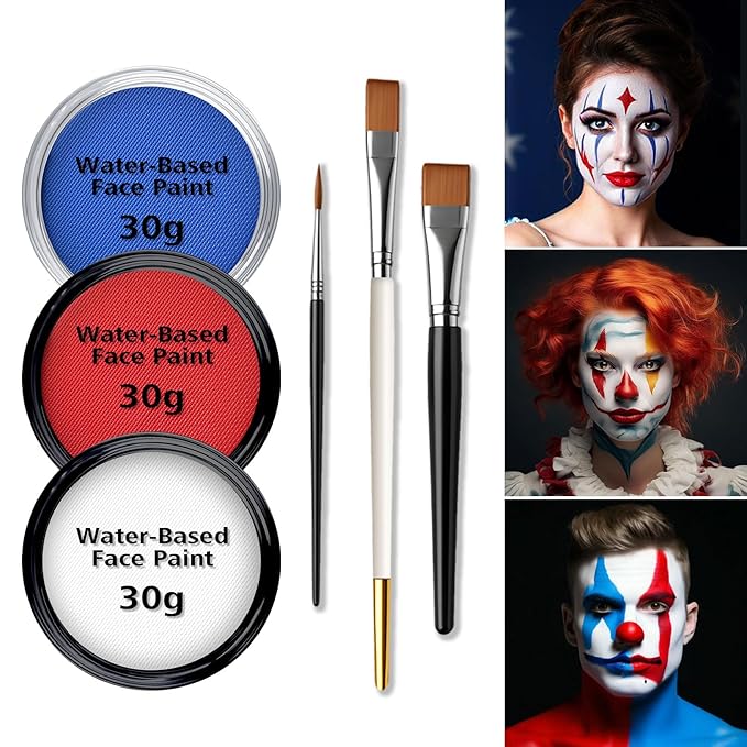 Water-Based Red White Blue Patriotic Face Body Paint Kit with Brushes for 4th of July, Halloween Cosplay and Sports Events