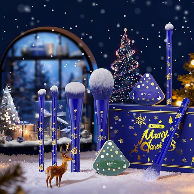 DUcare Christmas Gift Set 8Pcs,With 6pcs Makeup Brush Set 2pcs Makeup Puffs Kabuki Foundation Blending Face Powder Blush Concealers Eye Shadows Brushes