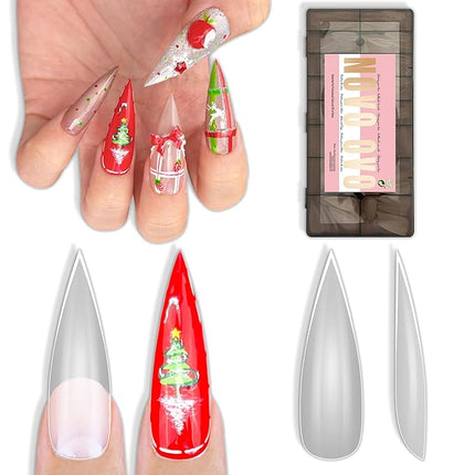 NOVO OVO Long XL Sharp Stiletto Pointed Nail Tips Press on, Extra Long Thick Soft Gel Double Matte Clear Fake Nail Extension, Full Cover False Nails for Acrylic, for Salon DIY x 16 Sizes 480 pcs